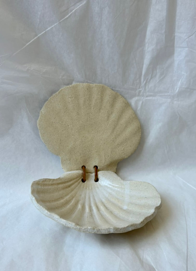 Scallop Shell Box - Beige Stoneware - Gloss White