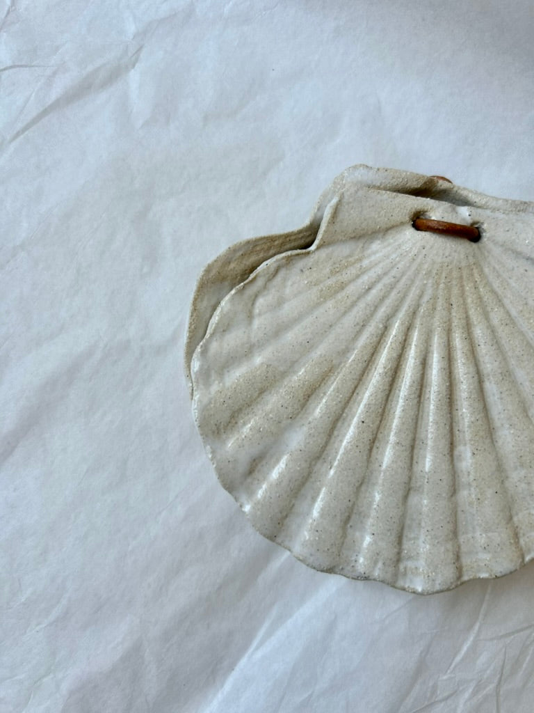 Scallop Shell Box - Beige Stoneware - Gloss White