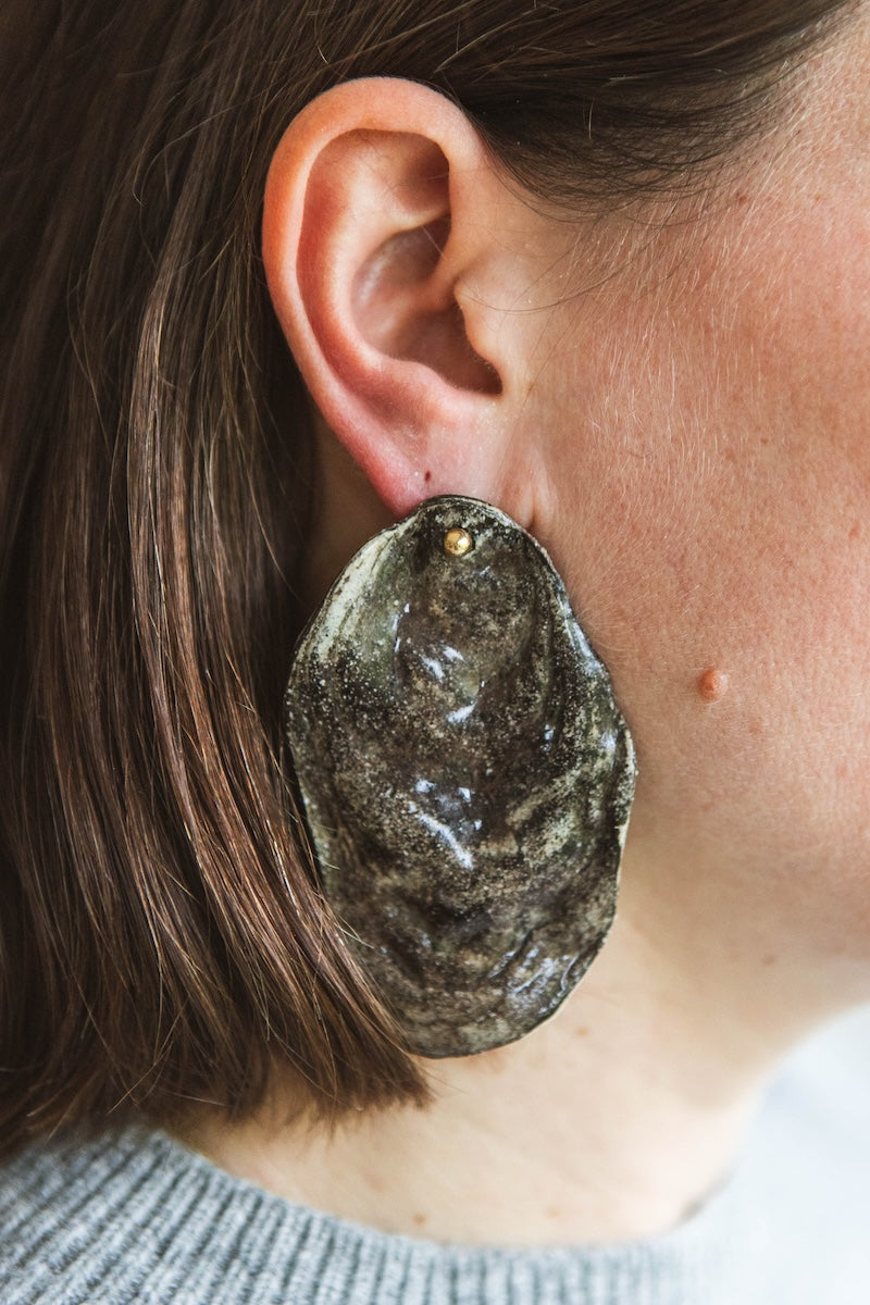 Boucles d'oreilles - Huîtres - Grès - Nerikomi Blanc & Noir - 3 tailles