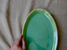 Load image into Gallery viewer, my-hungry-valentine-ceramics-studio-dish-serving-oval-bg-celadon-green-top-hand-zoom
