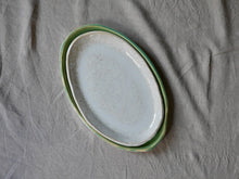 Load image into Gallery viewer, my-hungry-valentine-ceramics-studio-dishes-oval-large-celadon-green-medium-bg-lunar-white-top-stacked
