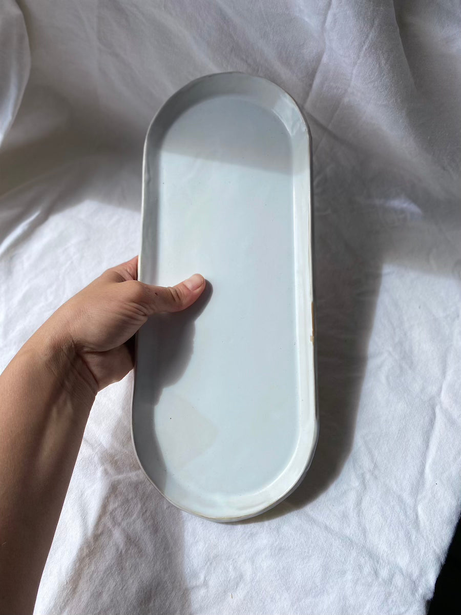 Plat Long - 34,50 cm - Grès Doux - Blanc Gloss