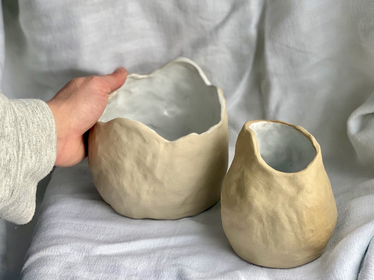 Sculptural Stoneware Vase - Soft Clay + Gloss White - 04